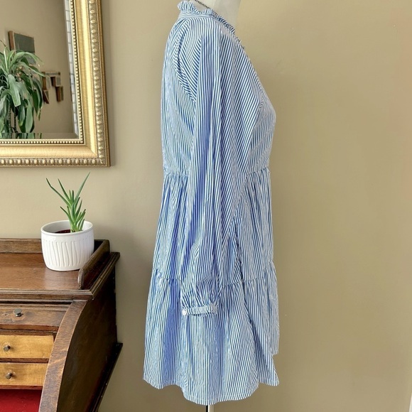 J Crew Tiered Popover Mini Dress Stripe Cotton Poplin Blue White Stripe Tiered M - Picture 6 of 13